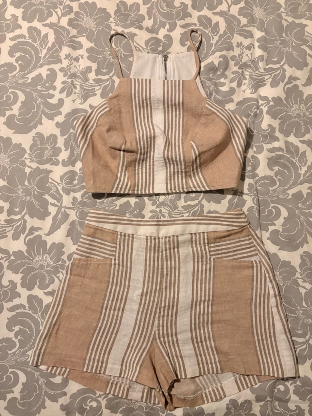 BcbgStriped Cream & Tan Two-Piece Crop Top and High-Waist Shorts